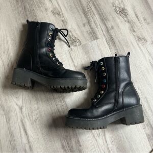 Black Leather Ankle Boots with Multicolor Eyelets